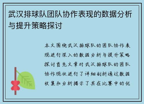 武汉排球队团队协作表现的数据分析与提升策略探讨