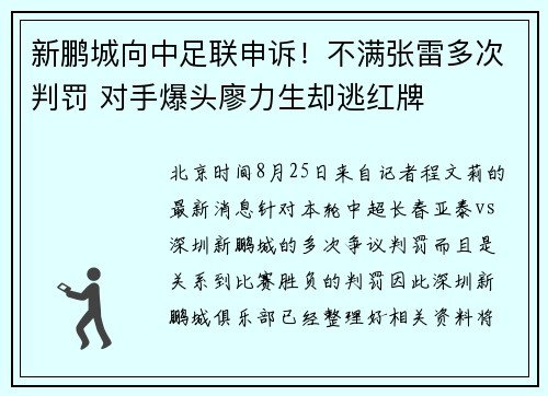 新鹏城向中足联申诉！不满张雷多次判罚 对手爆头廖力生却逃红牌